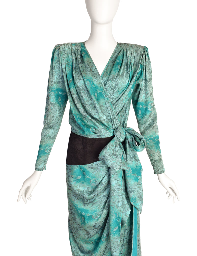 Emanuel Ungaro Vintage AW 1985 Mint Turquoise Black Floral Silk Jacqua Amarcord Vintage Fashion Emanuel Ungaro Vintage AW 1985 Mint Turquoise Black Floral Silk Jacqua Amarcord Vintage Fashion