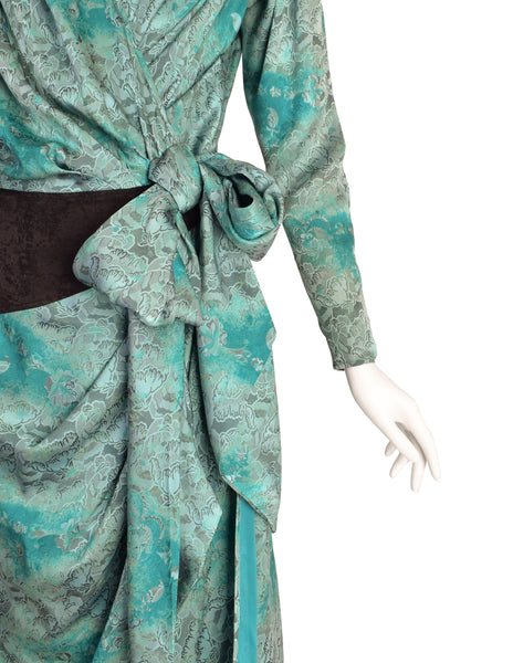 Emanuel Ungaro Vintage AW 1985 Mint Turquoise Black Floral Silk Jacquard Draped Wrap Dress