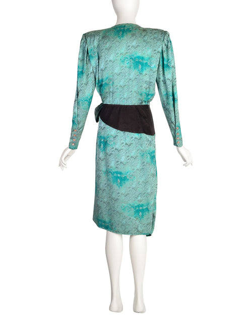 Emanuel Ungaro Vintage AW 1985 Mint Turquoise Black Floral Silk Jacqua Amarcord Vintage Fashion Emanuel Ungaro Vintage AW 1985 Mint Turquoise Black Floral Silk Jacqua Amarcord Vintage Fashion