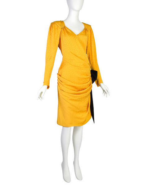 Emanuel Ungaro Vintage SS 1986 Yellow Polka Dot Silk Jacquard Draped Black Bow Dress