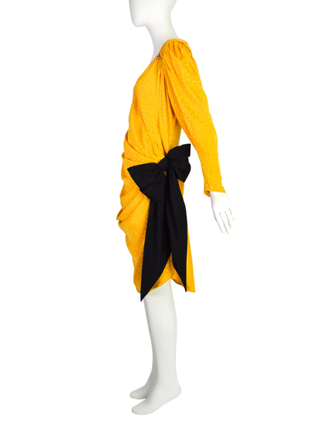 Emanuel Ungaro Vintage SS 1986 Yellow Polka Dot Silk Jacquard Draped Black Bow Dress