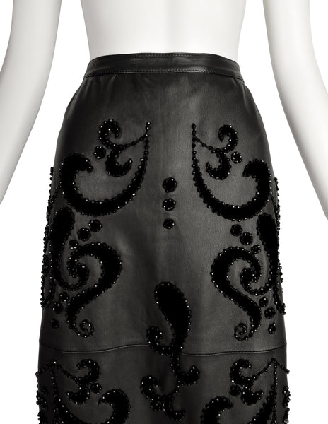 Valentino Vintage 1985 Black Leather Velvet Beaded Applique Skirt
