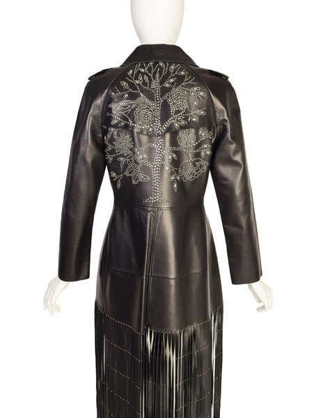 Valentino Resort 2015 REMARKABLE Black Leather Gold & Silver Studded 'Tree of Life' Fringe Trench Coat