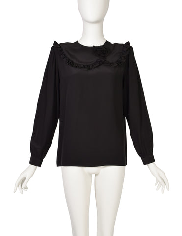 Valentino Vintage 1980s Black Silk Ruffle Rosette Top