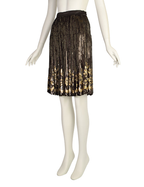 Valentino Vintage AW 1990 Brown Gold Floral Sequin Chiffon Pleated Skirt
