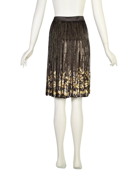 Valentino Vintage AW 1990 Brown Gold Floral Sequin Chiffon Pleated Skirt
