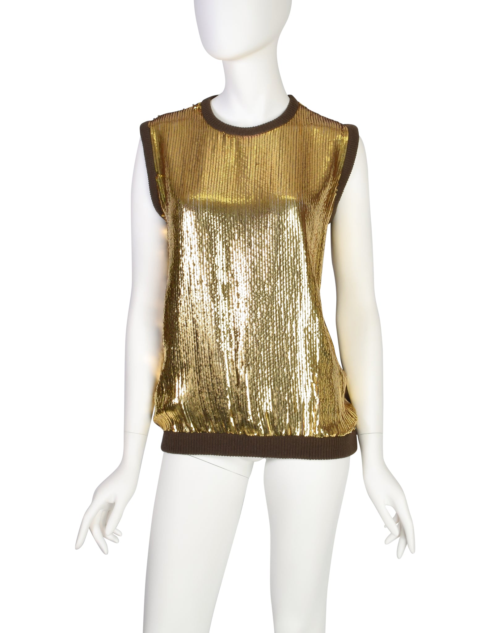 Valentino Vintage Gold Sequin Brown Knit Wool Sleeveless Sweater Vest