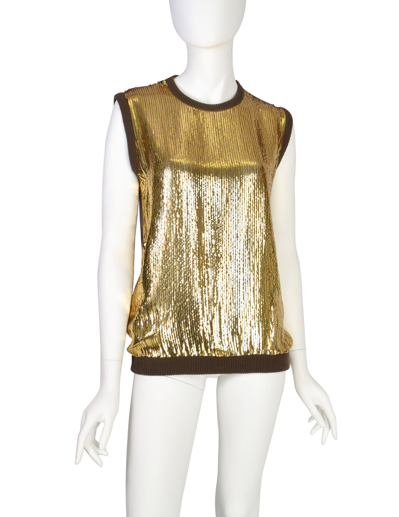 Valentino Vintage Gold Sequin Brown Knit Wool Sleeveless Sweater Vest ...