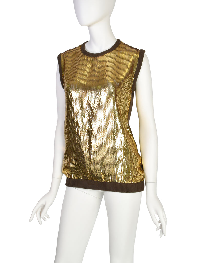 Valentino Vintage Gold Sequin Brown Knit Wool Sleeveless Sweater Vest ...