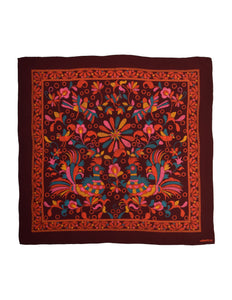 Valentino Vintage 1970s Rooster Bird Floral Brown Vivid Multicolor Silk Scarf