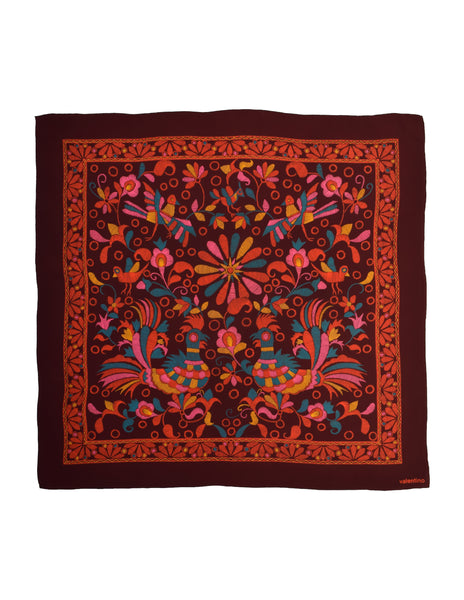 Valentino Vintage 1970s Rooster Bird Floral Brown Vivid Multicolor Silk Scarf