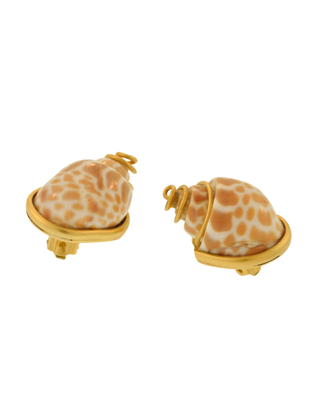 Valentino Couture Vintage Babylon Shell Spotted Seashell Gold Earrings