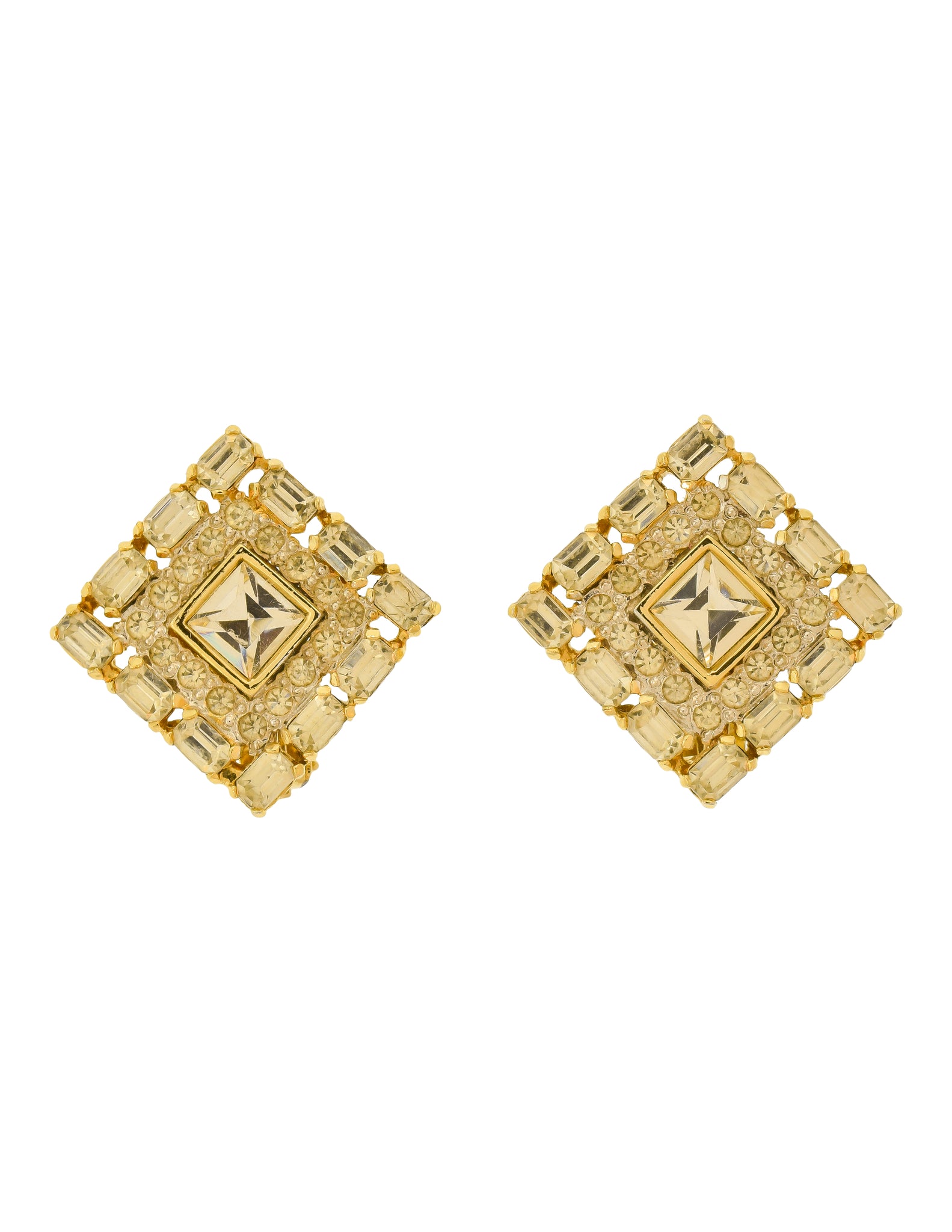 Valentino Vintage Diamond Shaped Diamante Rhinestone Gold Earrings