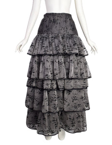 Valentino Vintage 1980s Grey Black Floral Jacquard Chiffon Tiered Ruffle Full Length Skirt