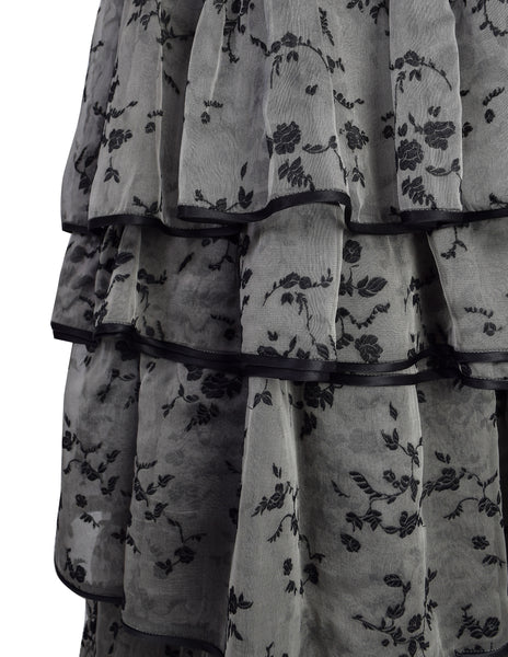 Valentino Vintage 1980s Grey Black Floral Jacquard Chiffon Tiered Ruffle Full Length Skirt