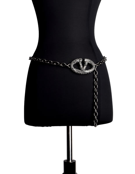 Valentino Vintage Strass V Logo Gunmetal Lace Chain Belt