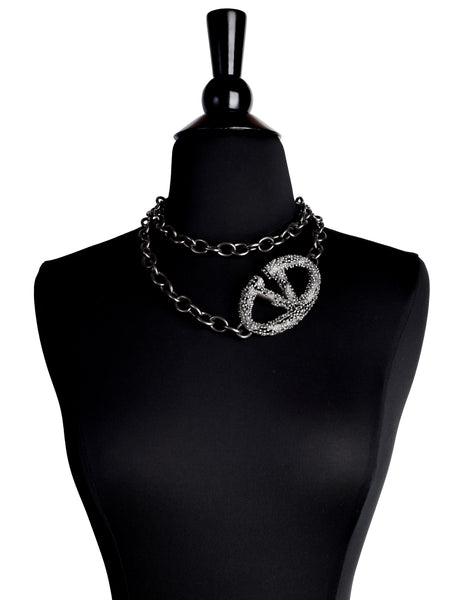 Valentino Vintage Strass V Logo Gunmetal Lace Chain Belt