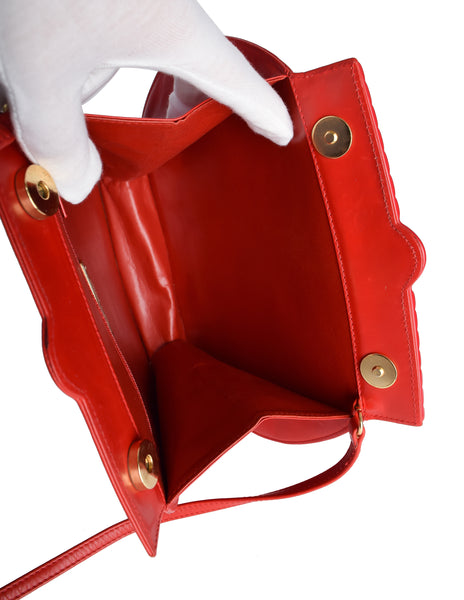 Valentino Vintage 1980s Lipstick Red Leather Gathered Front Crossbody Bag