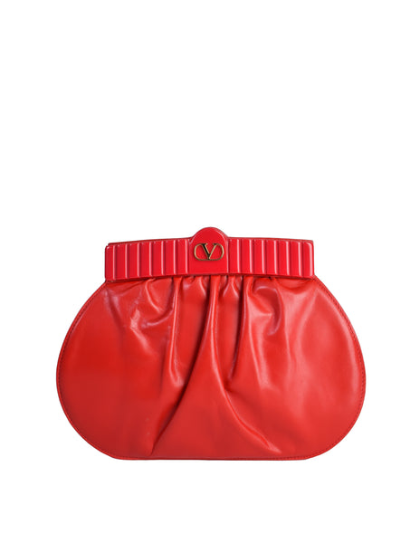 Valentino Vintage 1980s Lipstick Red Leather Gathered Front Crossbody Bag