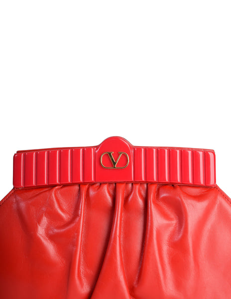 Valentino Vintage 1980s Lipstick Red Leather Gathered Front Crossbody Bag