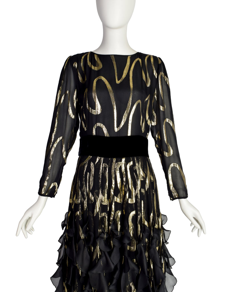 Valentino Vintage Black Silk Chiffon and Gold Lurex Flutter Ruffle Par Amarcord Vintage Fashion Valentino Vintage Black Silk Chiffon and Gold Lurex Flutter Ruffle Par Amarcord Vintage Fashion