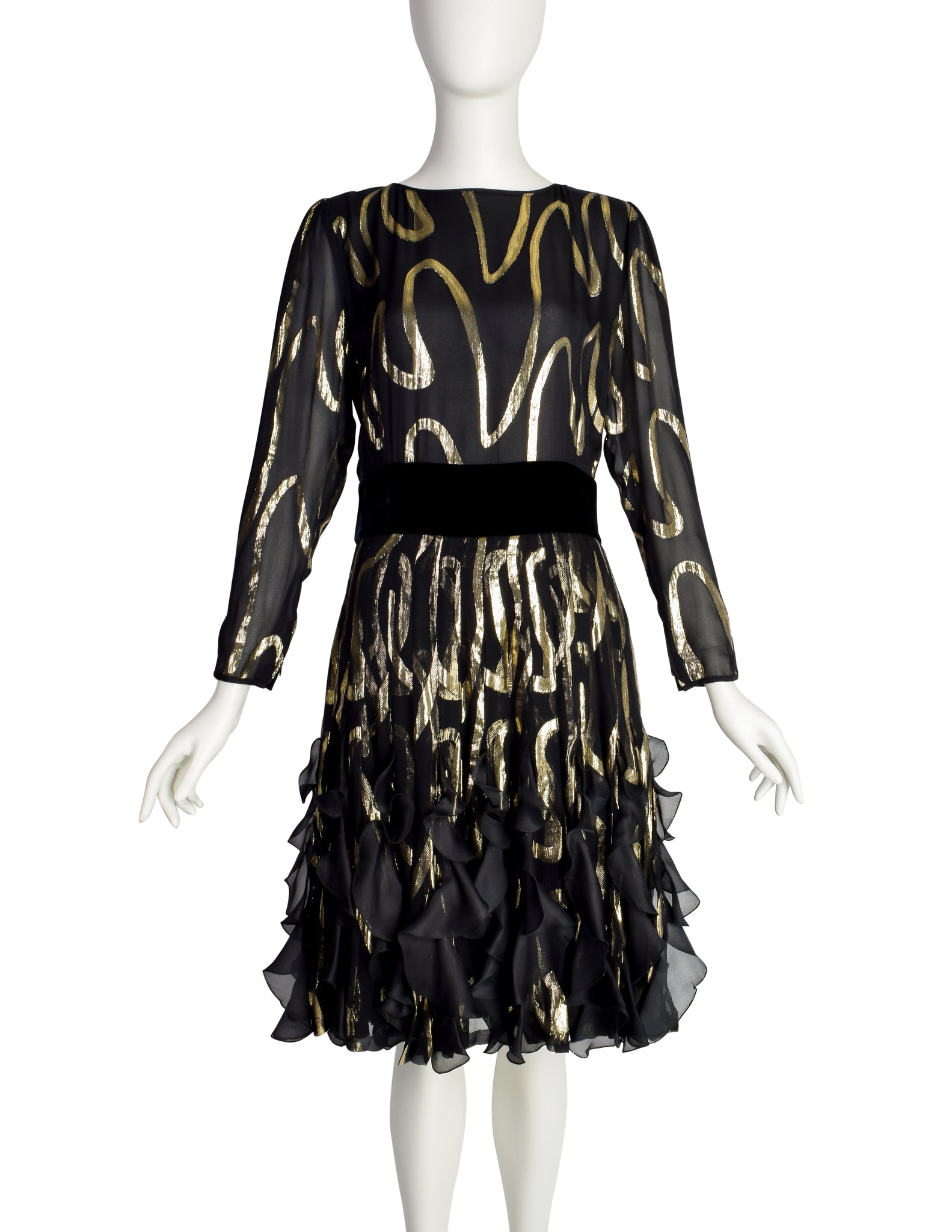 Valentino Vintage Black Silk Chiffon and Gold Lurex Flutter Ruffle Party Dress