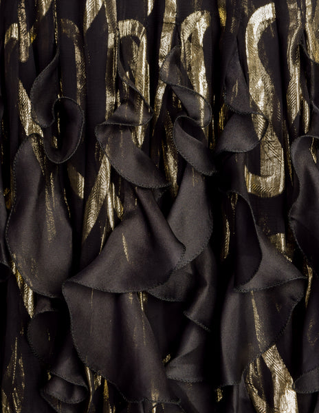 Valentino Vintage Black Silk Chiffon and Gold Lurex Flutter Ruffle Party Dress