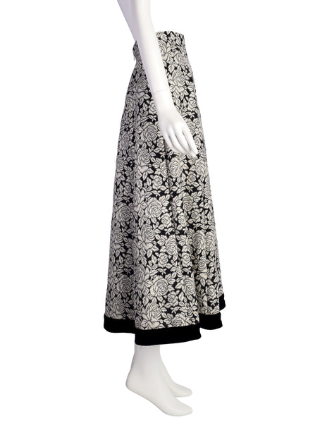 Valentino Vintage Black White Gold Shimmer Rose Intarsia Skirt