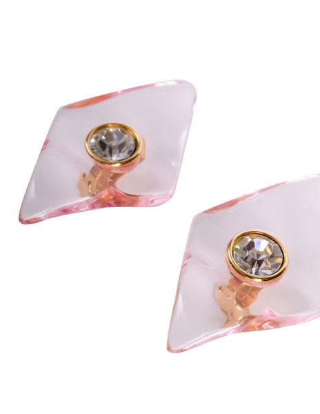 Valentino Vintage Pink Tinted Clear Diamond Shaped Rhinestone Oversized Earrings