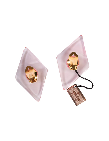 Valentino Vintage Pink Tinted Clear Diamond Shaped Rhinestone Oversized Earrings