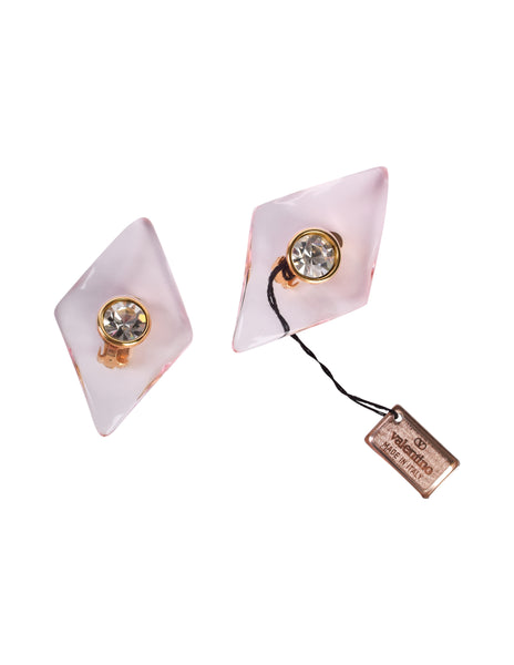 Valentino Vintage Pink Tinted Clear Diamond Shaped Rhinestone Oversized Earrings