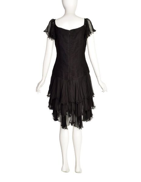 Valentino Vintage Black Silk Chiffon Pleated Black Dress