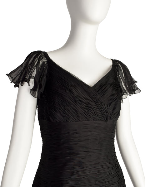 Valentino Vintage Black Silk Chiffon Pleated Black Dress