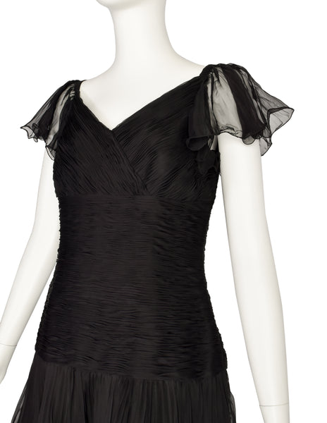 Valentino Vintage Black Silk Chiffon Pleated Black Dress