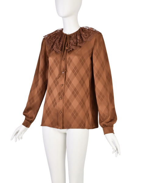 Valentino Vintage Rust Argyle Jacquard Silk Lace Collar Shirt