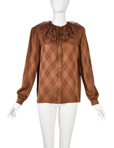 Valentino Vintage Rust Argyle Jacquard Silk Lace Collar Shirt