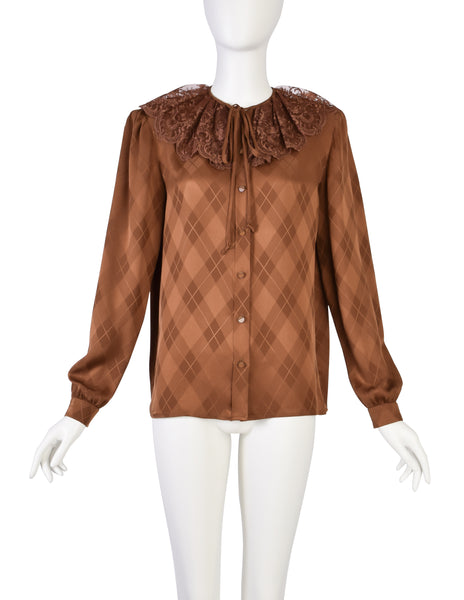 Valentino Vintage Rust Argyle Jacquard Silk Lace Collar Shirt