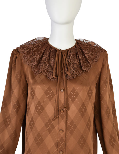 Valentino Vintage Rust Argyle Jacquard Silk Lace Collar Shirt