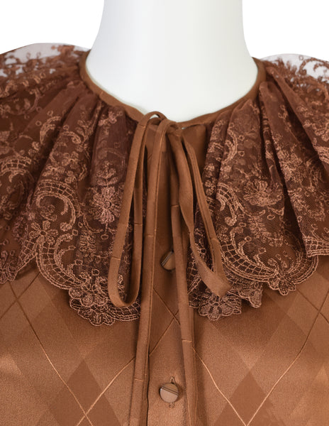 Valentino Vintage Rust Argyle Jacquard Silk Lace Collar Shirt