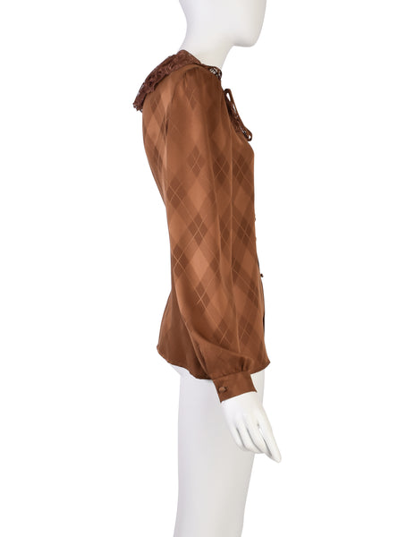 Valentino Vintage Rust Argyle Jacquard Silk Lace Collar Shirt