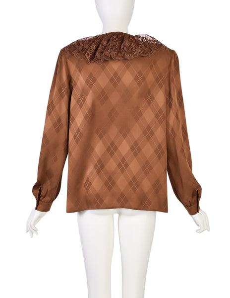 Valentino Vintage Rust Argyle Jacquard Silk Lace Collar Shirt