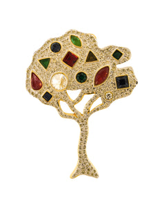 Valentino Vintage Multicolor Gem Rhinestone Encrusted Silver Gold Tree Brooch Pin