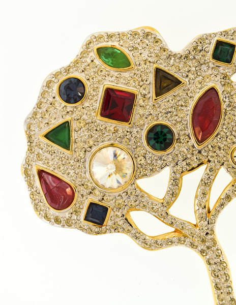 Valentino Vintage Multicolor Gem Rhinestone Encrusted Silver Gold Tree Brooch Pin