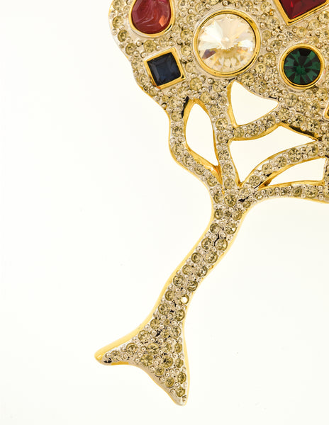 Valentino Vintage Multicolor Gem Rhinestone Encrusted Silver Gold Tree Brooch Pin