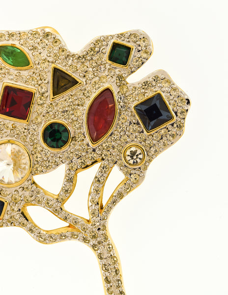 Valentino Vintage Multicolor Gem Rhinestone Encrusted Silver Gold Tree Brooch Pin