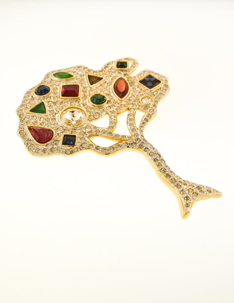 Valentino Vintage Multicolor Gem Rhinestone Encrusted Silver Gold Tree Brooch Pin