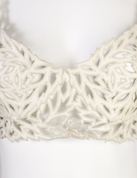 Valentino Vintage SS 1995 Ivory Leather Embroidered Cut Out Bralette Top