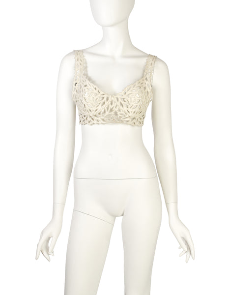 Valentino Vintage SS 1995 Ivory Leather Embroidered Cut Out Bralette Top