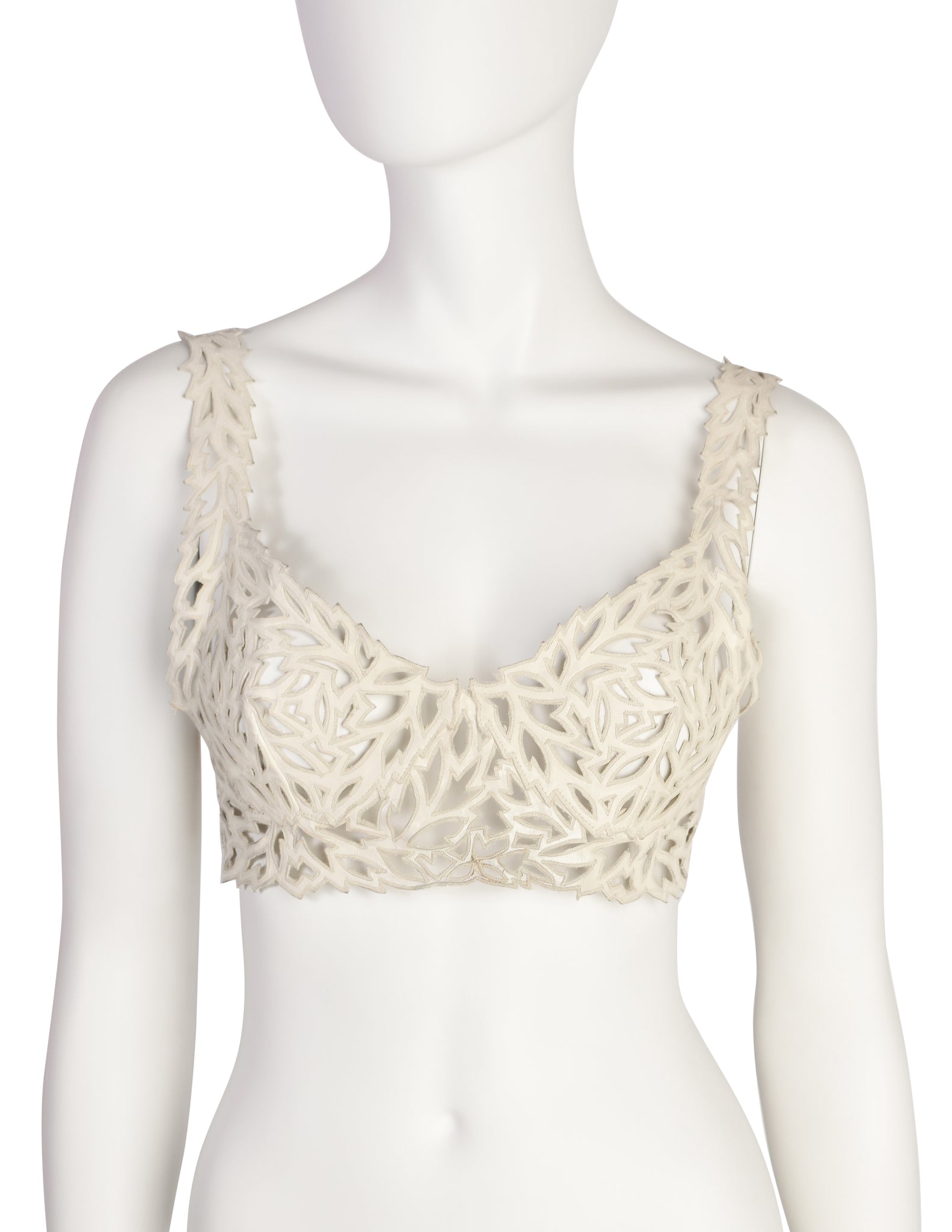 Valentino Vintage SS 1995 Ivory Leather Embroidered Cut Out Bralette Top