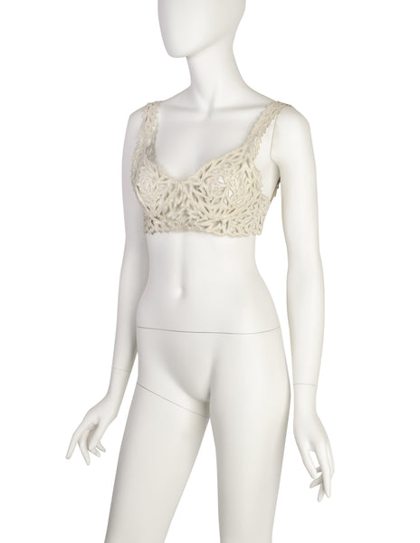 Valentino Vintage SS 1995 Ivory Leather Embroidered Cut Out Bralette Top